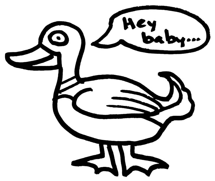 Mallard duck hanging by the keg with text bubble "Hey Baby..."