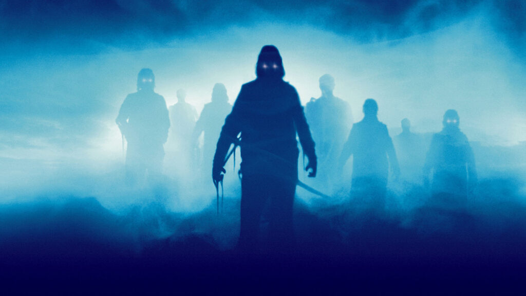 Haunting ghoslty image of 8 figures standing in a cloud of mist and fog. They are outlined in eeire blue and white lighting. All we see is the outline of these ghostly figures and their glowing red eyes. 