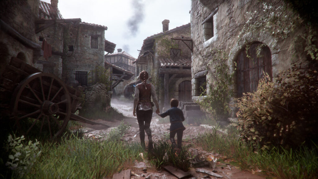 Amicia is holding Hugo's hand and they are walking towards a foggy village.