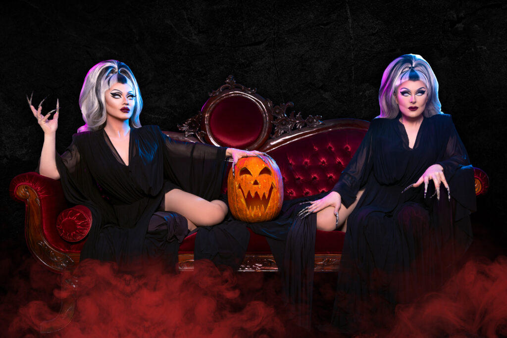 Drag Show Halloween: Boulet Brothers in Dragula: Halfway to Halloween.poster with two very scary looking women sitting along side a pumpkin