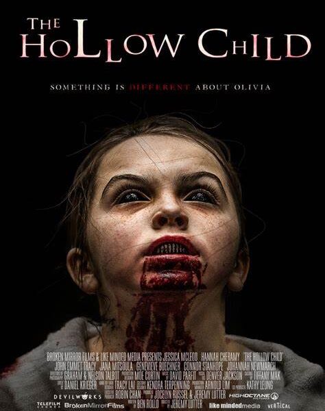A Girl with blood covering her mouth and colorless black eyes. The black background shows the title: The Hollow Child