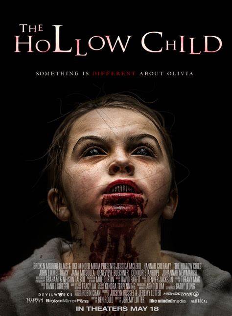 A Girl with blood covering her mouth and colorless black eyes. The black background shows the title: The Hollow Child