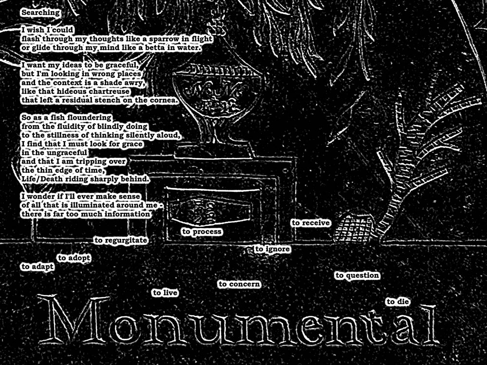 A grainy dark image of a coffin in a mausoleum with urn atop and tree surrounding, with poetry text overlay, based on a photograph of a memento mori gravestone by Jennifer Weigel
