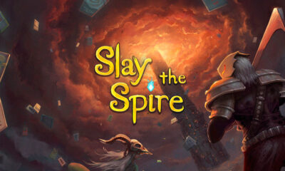 a person in armor looks up at a tower that disappears into a sky of swirling red clouds with the text "slay the spire"