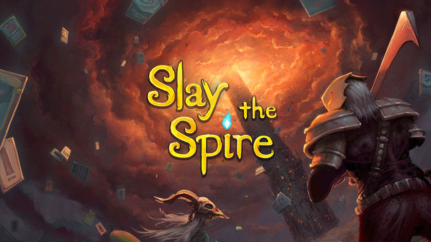 a person in armor looks up at a tower that disappears into a sky of swirling red clouds with the text "slay the spire"