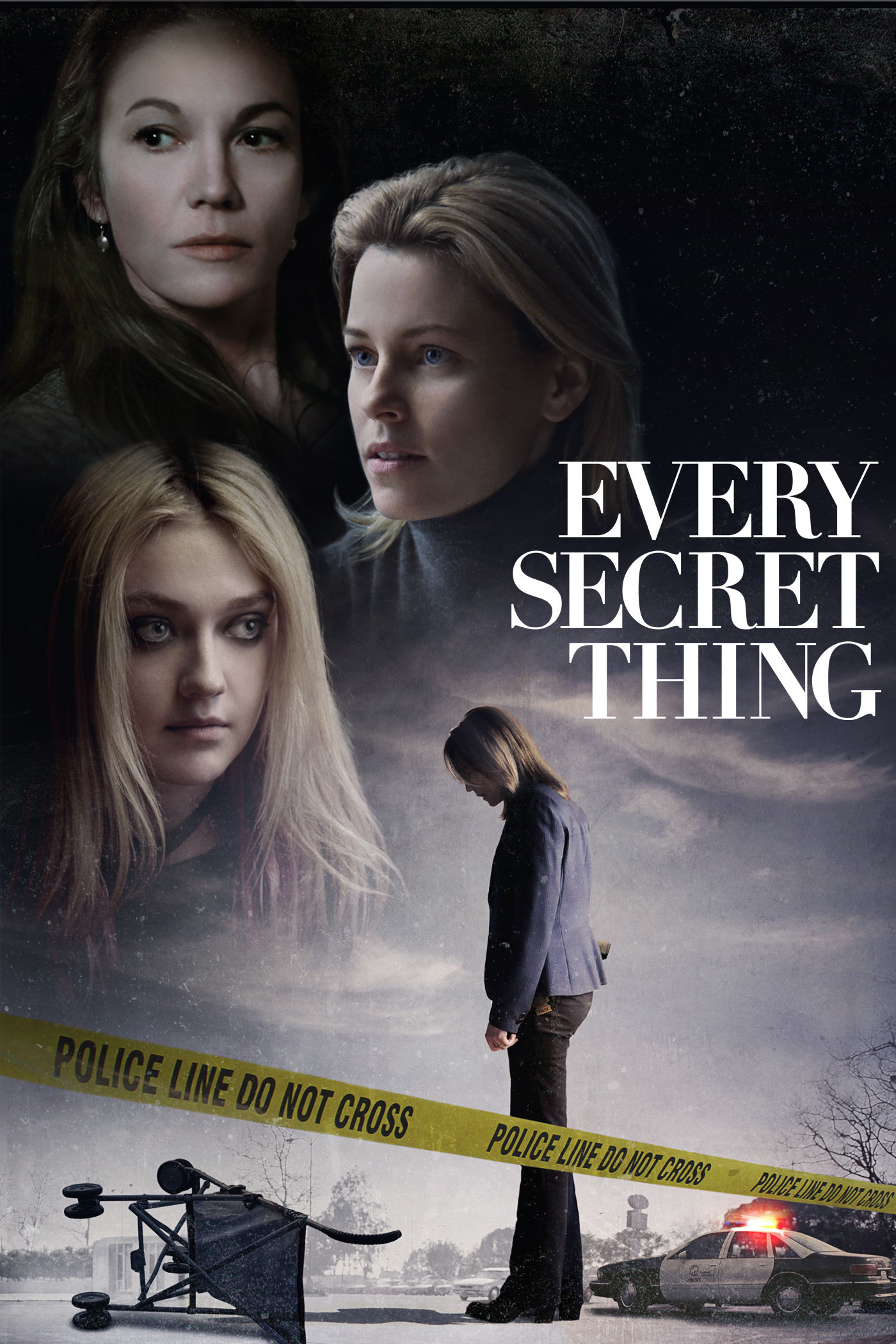 A female detective looking at a stroller, above her reads, "Every Secret Thing." Three women appear above, contrasted by a black background.