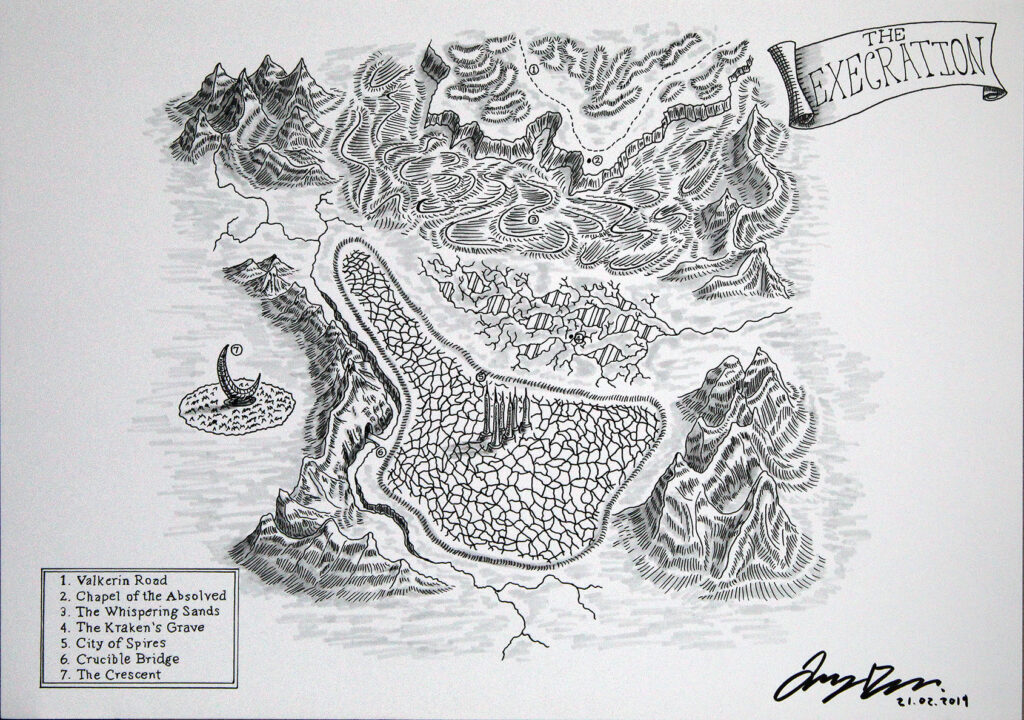 Mountain and desert region with named sections: The Crescent, Crucible Bridge, The Whispering Sands, Chapel of the Absolved, Valkerin Road, City of Spires, The Kraken Grave, The Execration