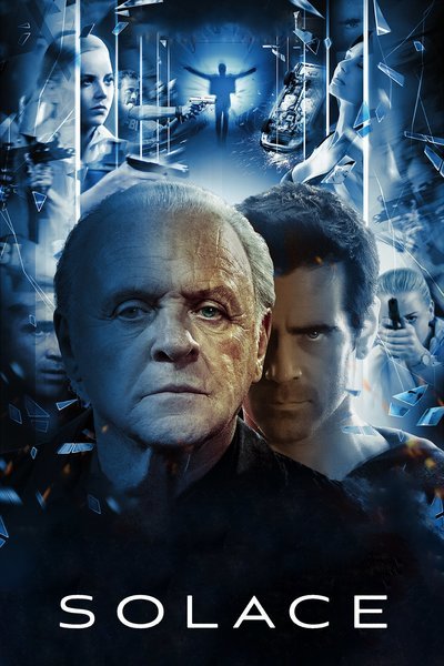 Anthony Hopkins stares with a blue tent over his right eye. Colin Farrel behind him. The background is blue with several faces.