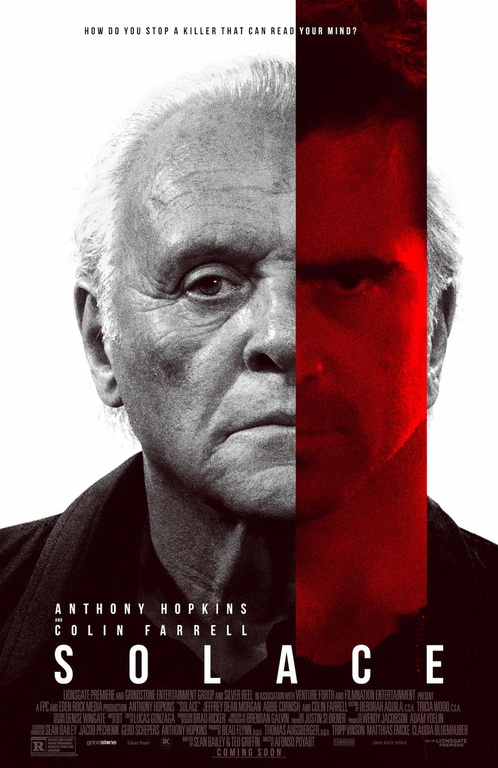 Anthony Hopkins stares at the viewer, with a red cut over his left eye to reveal Colin Farrel