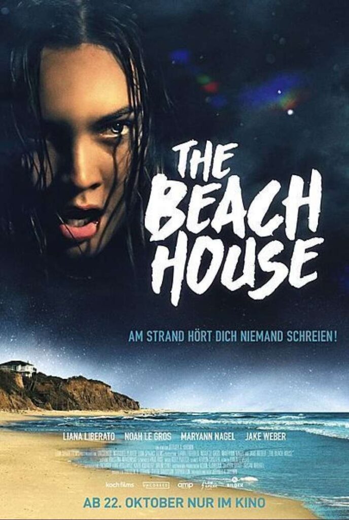 A woman with her mouth agape. Behind her is a dark background. Next to her reads, "The Beach House." Below is a scenic beach with a mountain in the distance.