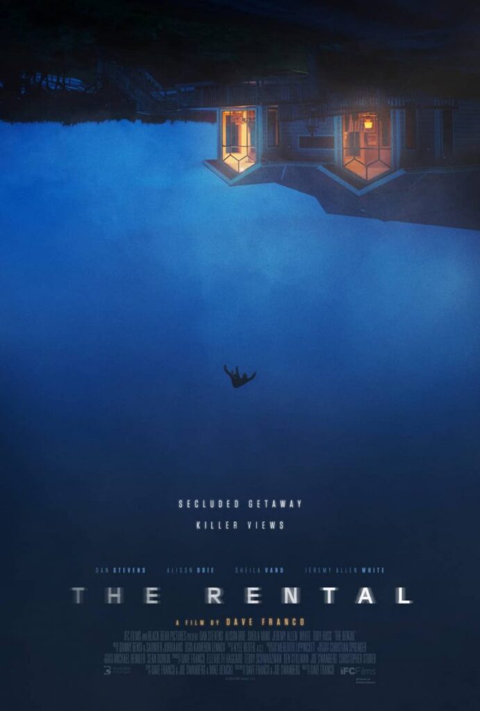 House upside down at the top of the poster, a dark blue sky with someone falling further into the darkness