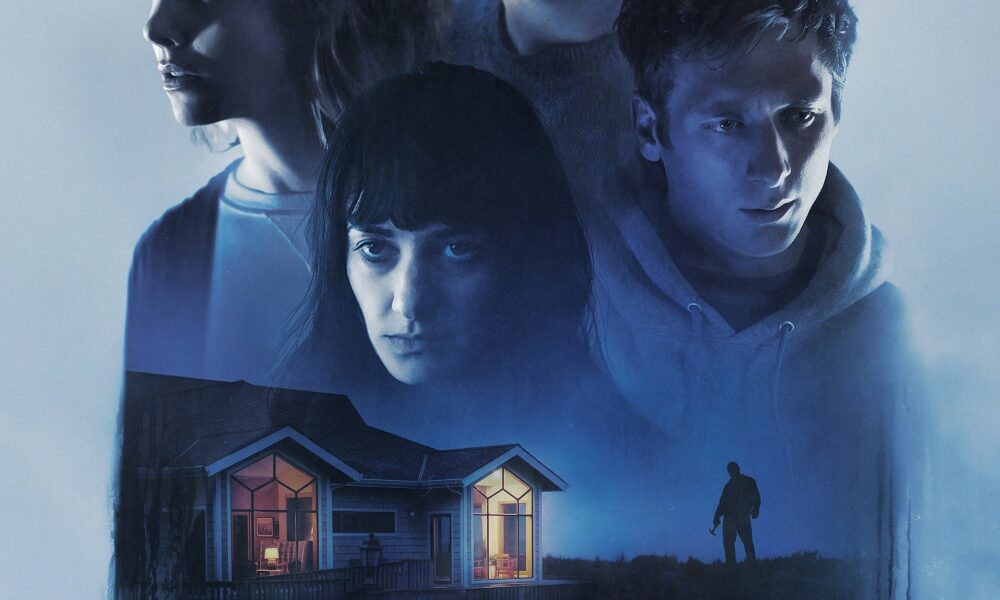 Four people, 2 men 2 women, looking at every direction. Below is a house under dark blue lighting.