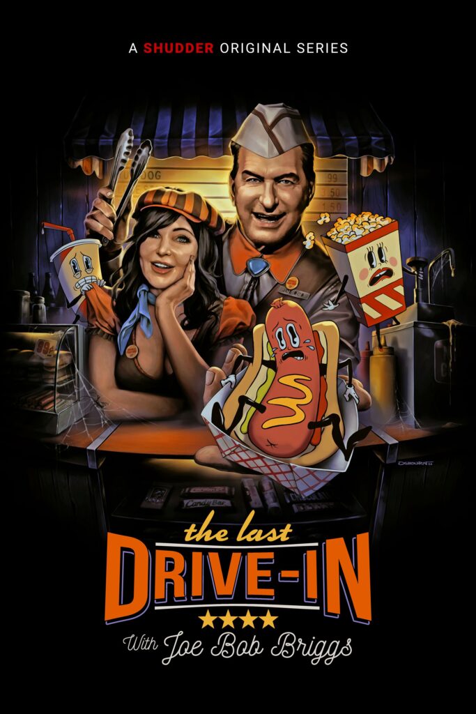 Joe Bob Briggs and Darcy selling hotdogs at a theatre. The Last Drive In with Joe Bob Briggs is on the poster.