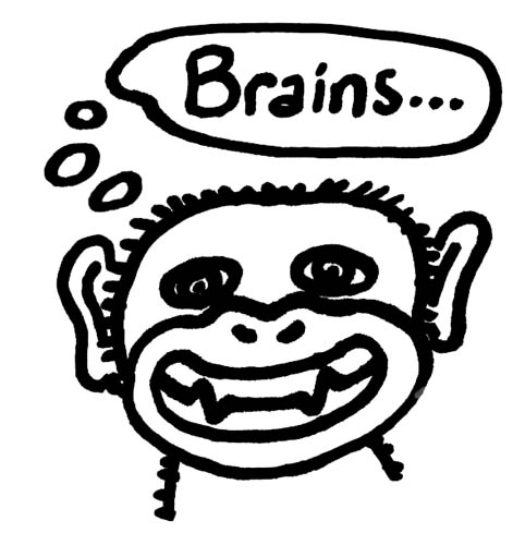 Monkey cannibalism, staring at you, smiling wide and thinking about Brains...