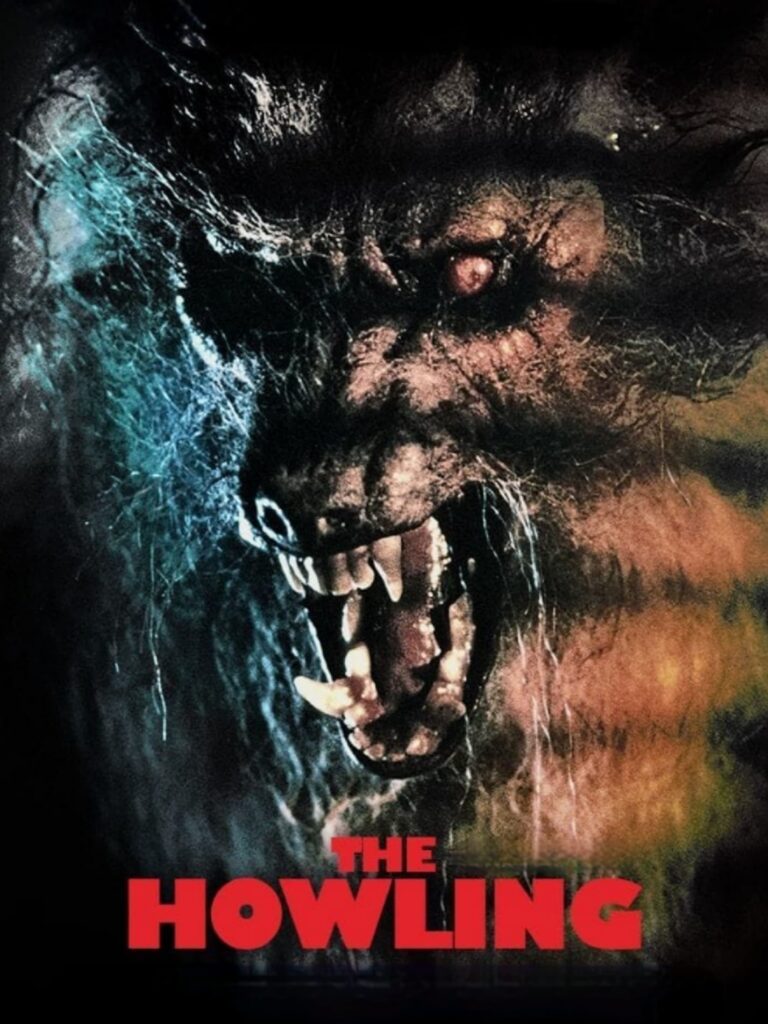 A werewolf with an open mouth. Red letters underneath reveal "The Howling"