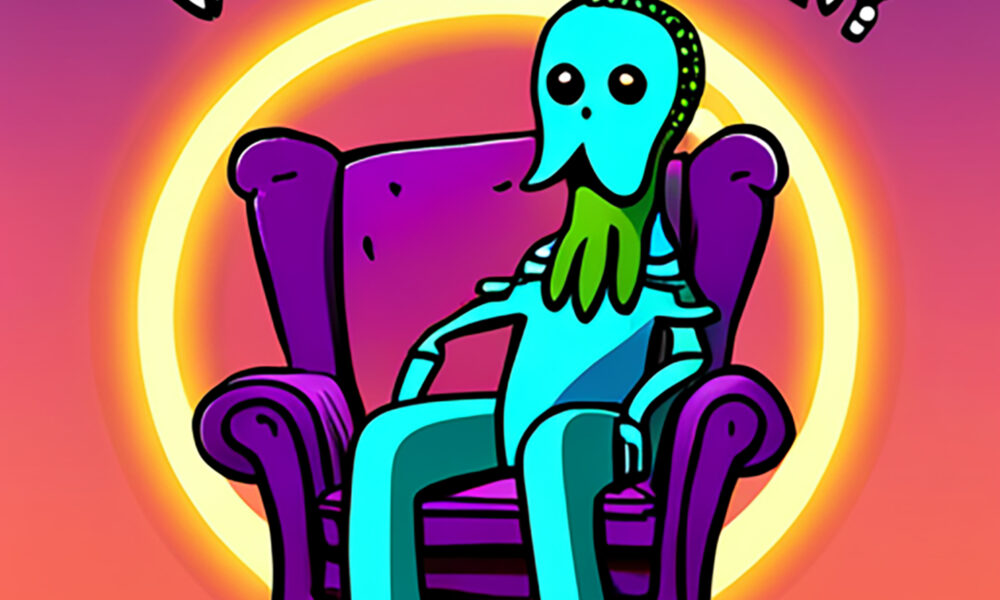 What's Kraken? A bright colored Kraken is sitting down in a chair inviting guests on his show.