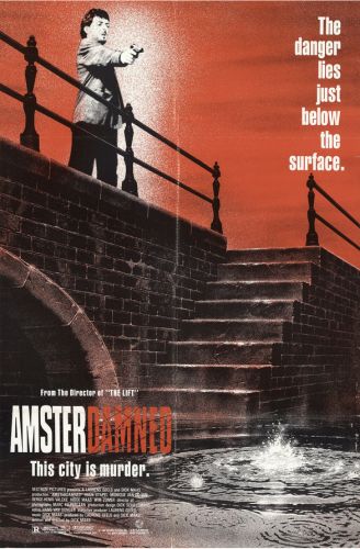 A movie poster for Amsterdamned, one of the films presented by Joe Bob Briggs. A man stands on a bridge overlooking a canal as he fires a gun into the water.
