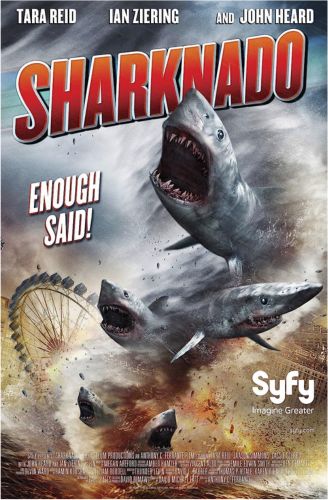 A movie poster for Sharknado, one of the films presented by Joe Bob Briggs.  A tornado made of sharks is featured.
