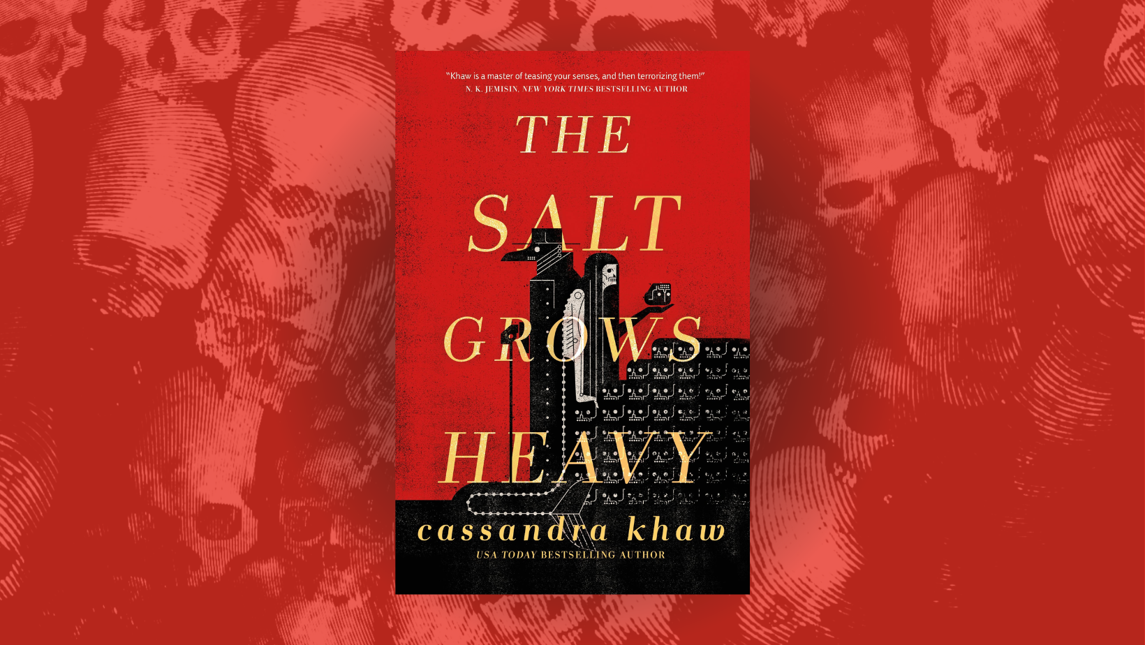 Linocut skulls on a red background with the cover of The Salt Grows Heavy by Cassandra Khaw