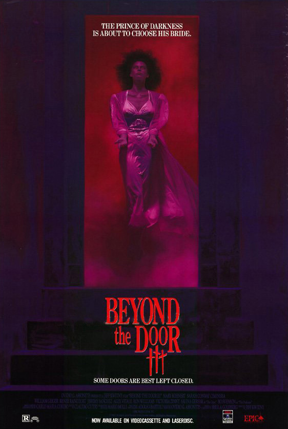 A poster for the folk horror classic Beyond the Door III. A woman bathed in red light stands with her hands outstretched. The text on the poster reads "The prince of darkness is about to choose his bride." and "Some doors are best left closed."
