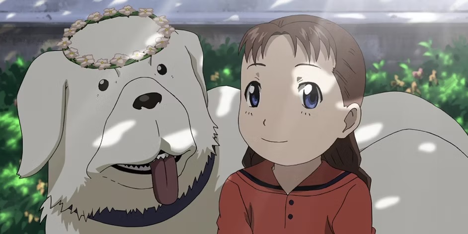 An image from Fullmetal Alchemist: Brotherhood. A dog wearing a flower crown with its tongue out stands next to a sitting young girl in a red dress.