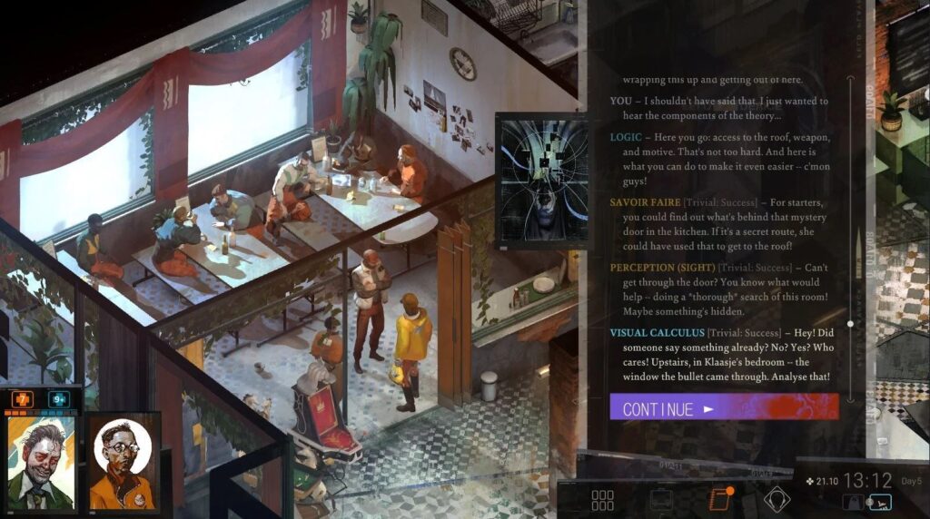 A screengrab from Disco Elysium showing internal dialogue and skill checks.