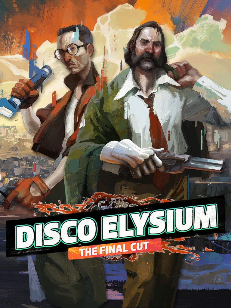 The game cover for Disco Elysium The Final Cut. It shows two men standing next to each other. One holds a flashlight and the other holds a gun.