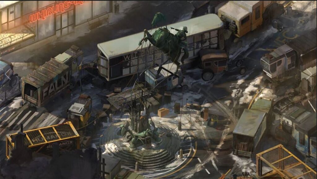 A screengrab from Disco Elysium showing a bombed-out city statue.