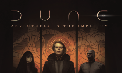 Three people in futuristic garb stand next to each other with the words Dune Adventures in the Imperium
