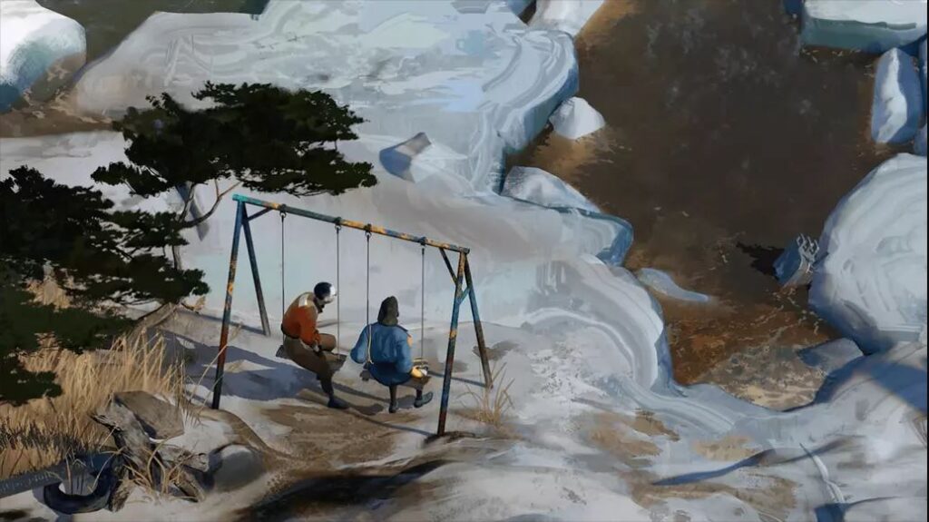 A screengrab from Disco Elysium depicting two men sitting on a swing set in a snowy environment. 