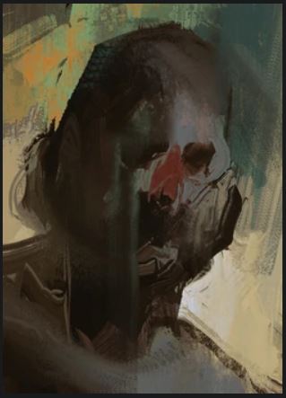 A screengrab from Disco Elysium. It is a blurry watercolor image showing the faint hint of a man's face with a red nose.
