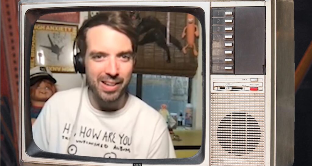 Jonah Ray is shown on the screen of an old television for the interview segments.