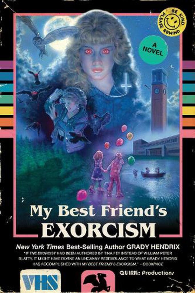 A VHS style cover with a girl with red eyes dominating the page. Two girls below here with pink balloons. A clocktower to the right and a field to the left