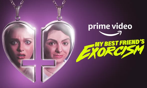 A heart shaped friendship bracelet reflects two women. One looks surprised and the other confused, above a violet background. The side reads: "Prime Video: My Best Friend's Exorcism."