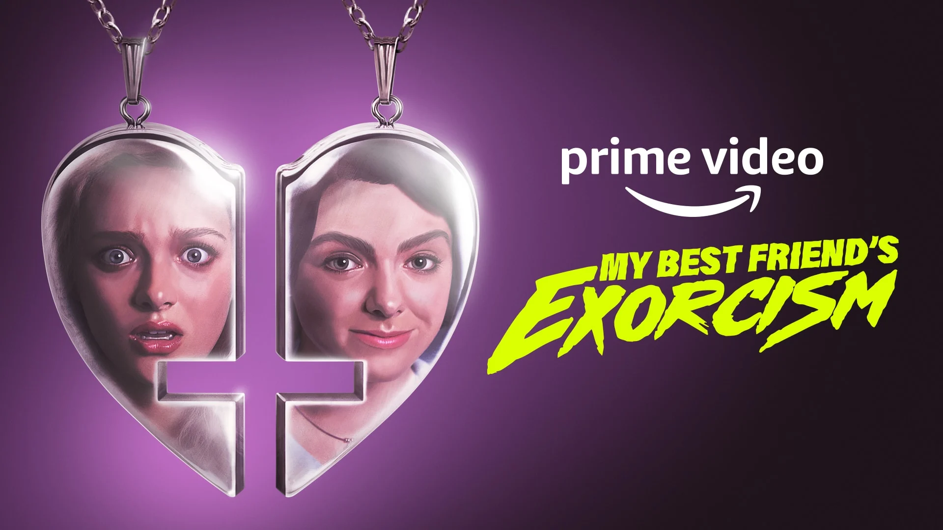 A heart shaped friendship bracelet reflects two women. One looks surprised and the other confused, above a violet background. The side reads: "Prime Video: My Best Friend's Exorcism."