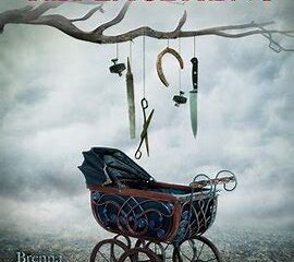 A baby carriage set in the foggy woods. A tree looms over with knives and scissors over it.
