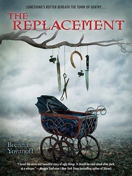 A baby carriage set in the foggy woods. A tree looms over with knives and scissors over it.