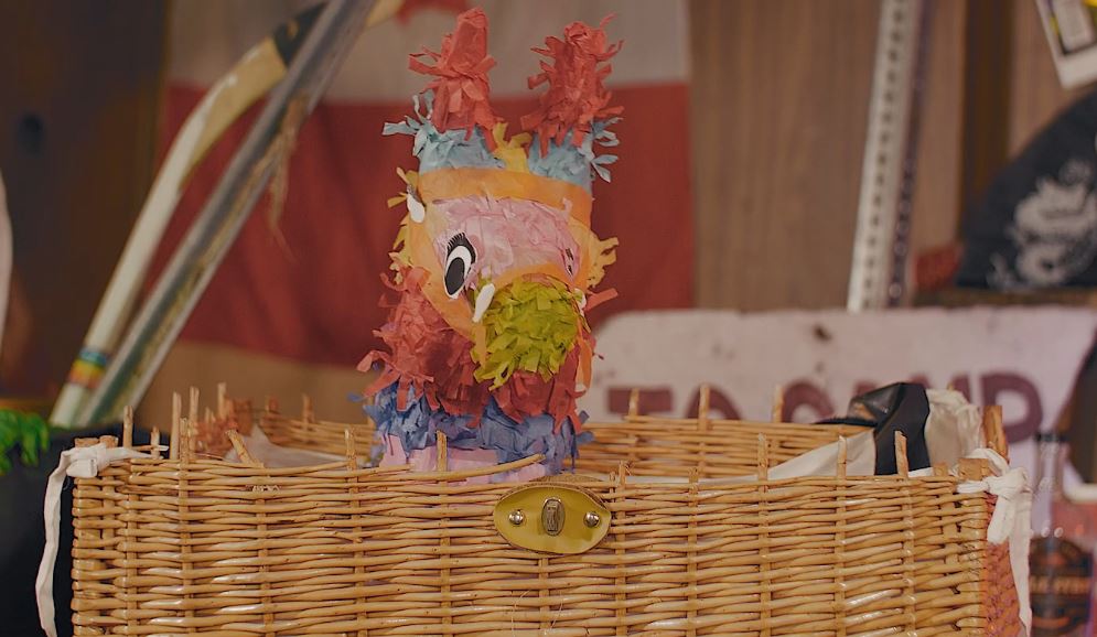 Francois sits in his ripped up picnic basket.