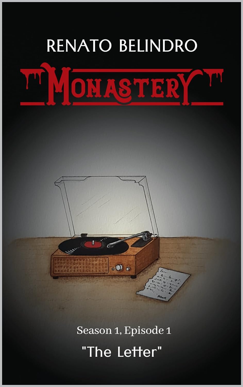 The book title is in huge red letters. A vinyl player is on what looks like a wooden surface.