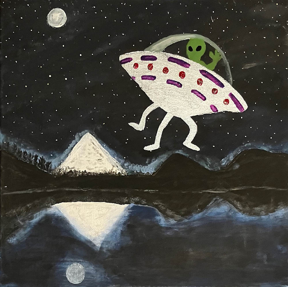Alien painted into found thrift store landscape, revisited by Jennifer Weigel