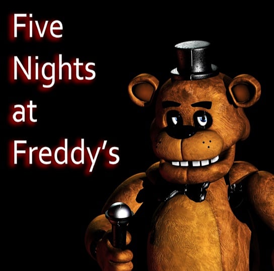 A cartoonish bear animatronic looks at the viewer, holding a stage mic. The title reads: Five Nights at Freddy's