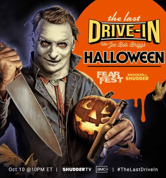 The promotional poster for the AMC Original presentation of The Last Drive-In with Joe Bob Briggs: Halloween (1978). It shows Joe Bob in a Michael Myers mask holding a large knife and a jack-o-lantern.