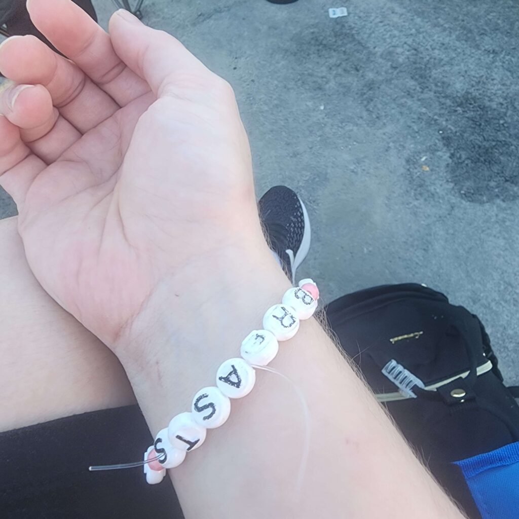 A photo taken at the Jamboree showing the author's wrist and a friendship bracelet that reads "breasts."