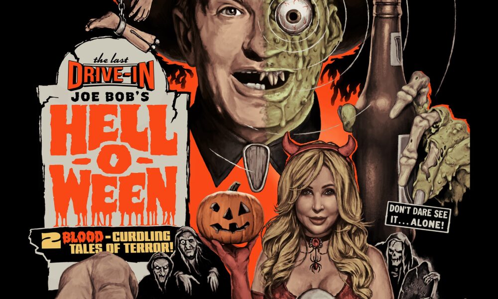 Promotional poster for Joe Bob's Hell-O-Ween special. It shows a half-zombie Joe Bob holding a lone star and TV remote looming behind Darcy dressed in a Devil costumes.