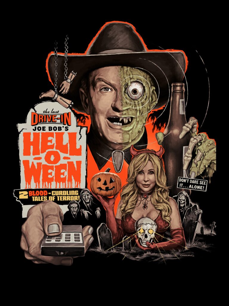 Promotional poster for Joe Bob's Hell-O-Ween special. It shows a half-zombie Joe Bob holding a lone star and TV remote looming behind Darcy dressed in a Devil costumes.