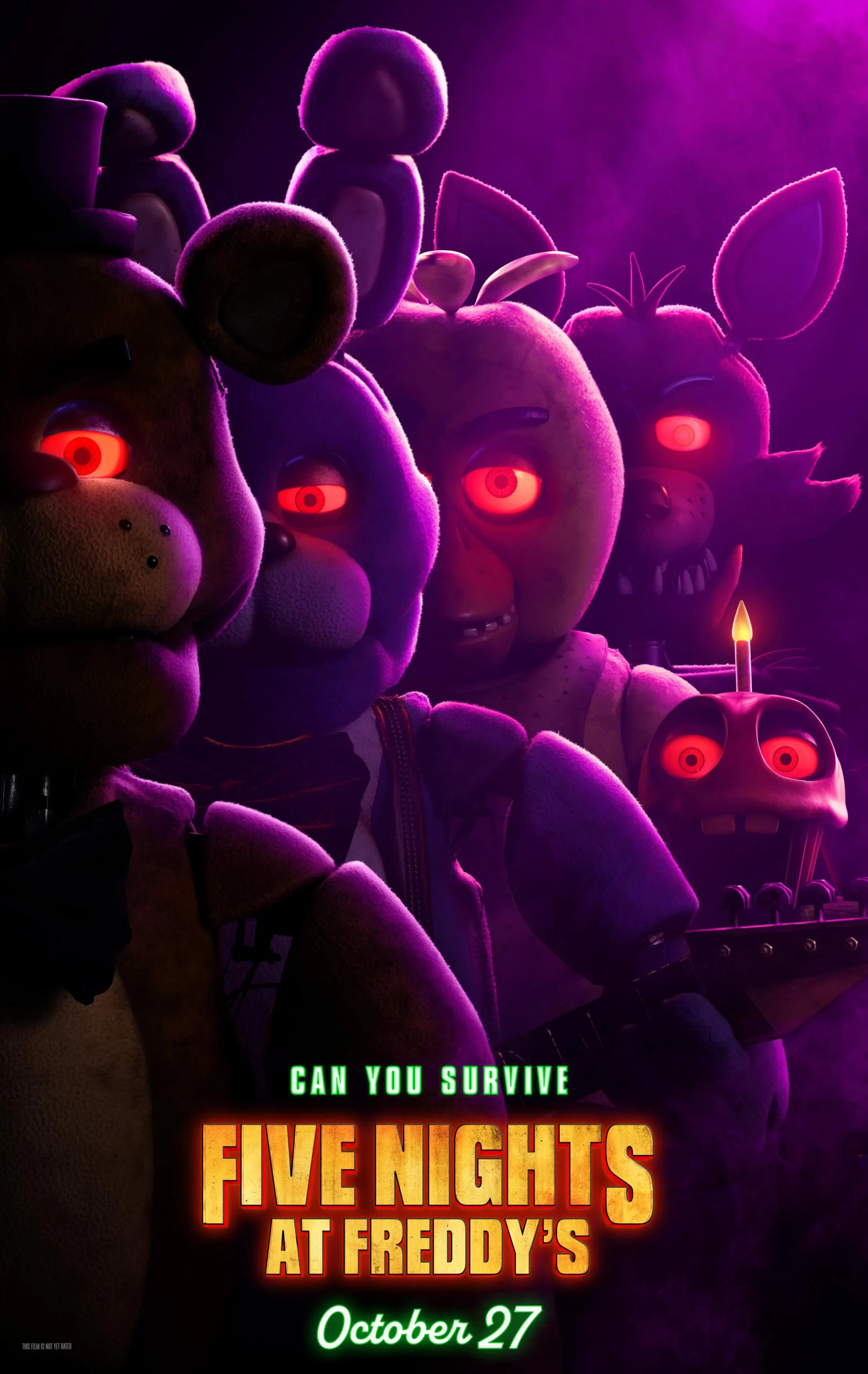 Animatronics glare at the viewer with glowing red eyes, a violet screen lights them up from the right side. Written below: Five Nights at Freddy's October 27