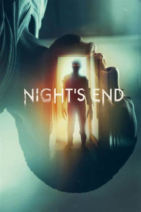 A humanoid creature opens the door. An upside down head acts as the background as "Night's End" stands at the center