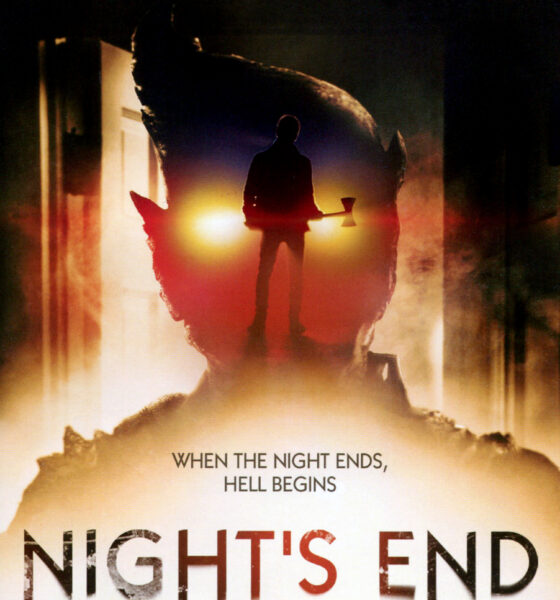 A man stands with an axe, the shape of a demon lighting up the background with glowing yellow eyes. Underneath it reads "Night's End."