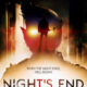 A man stands with an axe, the shape of a demon lighting up the background with glowing yellow eyes. Underneath it reads "Night's End."