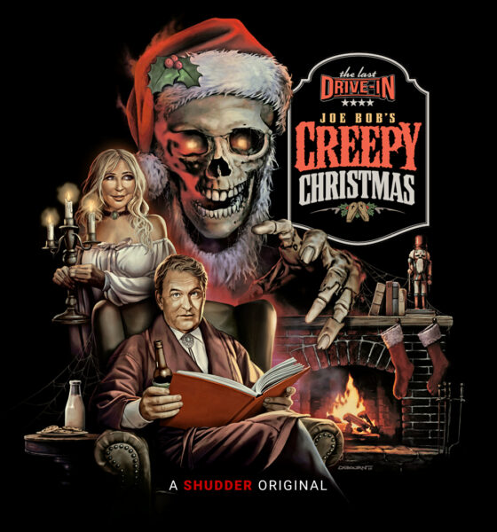 Joe Bob's Creepy Christmas artwork with Joe bob in a chair reading and darcy watching over him as a giant skeletal santa grabing for all of them
